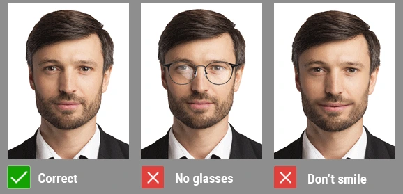 Wearing glasses or smiling is not allowed