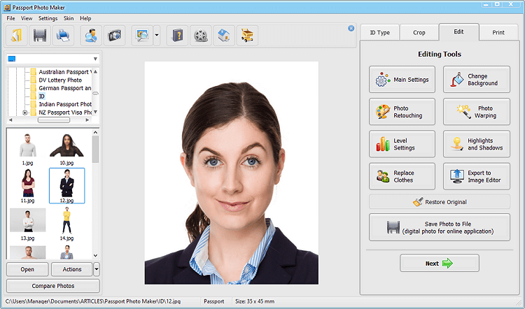 Passport Photo Maker's editing tools